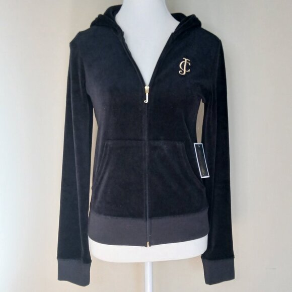 NWT Juicy Couture Basic Zip Up Slim Fit Hoodie Black Velour Size Medium - Picture 1 of 9